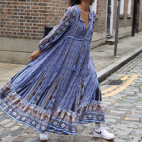 Free People Dresses & Skirts - Free People Happy Feelings Maxi Dress Womens Large Blue Boho Peasant Long Sleeve